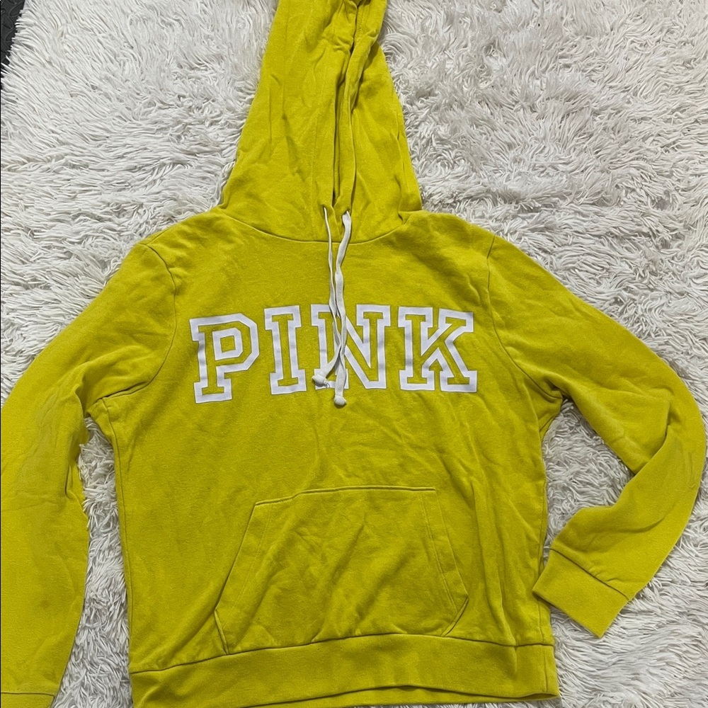 PINK Victoria's Secret Lime Yellow Hoodie with White Logo